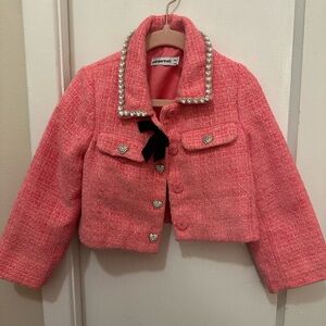 Self-Portrait Kids Pink Boucle Jacket - Pearl Collar & Heart Buttons - Size 4-5